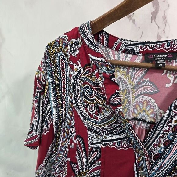 Cocomo Blouse Womens 3X Red Black Popover Button V Short Sleeve Shirt Notch - Picture 2 of 10